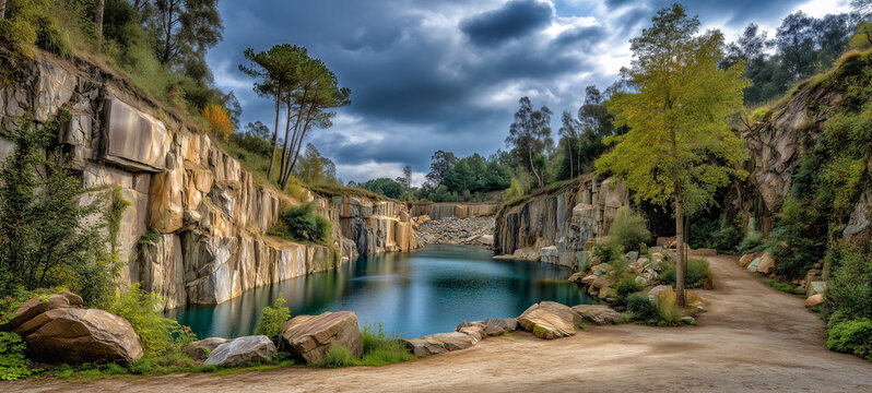 Quarry Lake Vista A dramatic panoramic view of a serene quarry lake nestled amidst rugged, towering rock formations and lush greenery, under a brooding, cloud-filled sky.