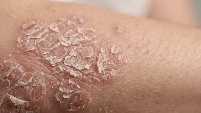 Closeup of elbow skin showing dry scaly psoriasis patch with redness and irritation, medical condition, dermatology, skin health