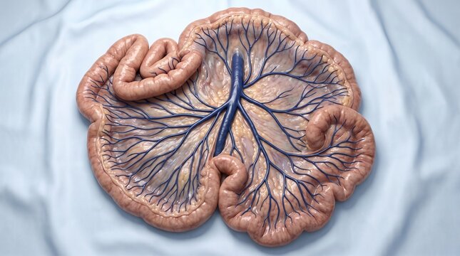 3D anatomical illustration of the human small intestine and complex mesenteric vascular network
