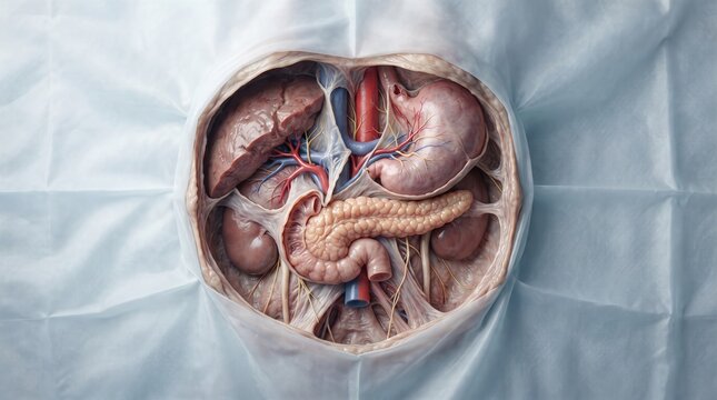 3D rendering of upper abdominal cavity organs including stomach, liver, pancreas, and kidneys