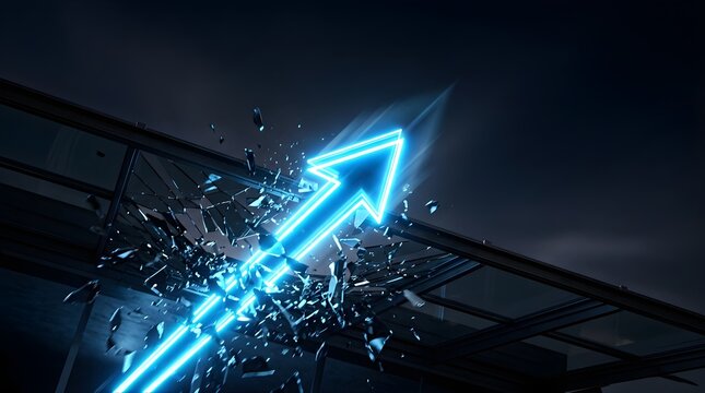 Glowing blue arrow breaking through dark glass wall representing growth