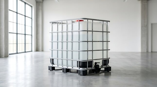 Large plastic industrial ibc tank container with a metal cage frame sitting inside a bright warehouse. ibc container