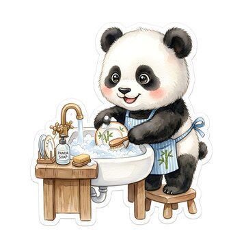 Isolated on pure white background, cute baby panda standing at a small sink filled with soapy bubbles, washing a tiny plate, sweet cheerful expression, soft watercolor texture, crisp white die-cut bor
