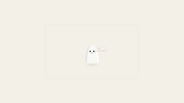 Cute spooky Halloween ghost animation featuring a floating white ghost with a premium pop-art speech bubble. The text 'HAPPY HALLOWEEN!' appears with a dynamic typing effect and blinking cursor. Ideal