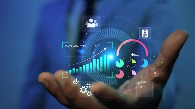 Virtual data analytics dashboard in business hand, Businessperson holding a glowing virtual analytics dashboard with rising bar chart, pie charts, data icons and digital interface.