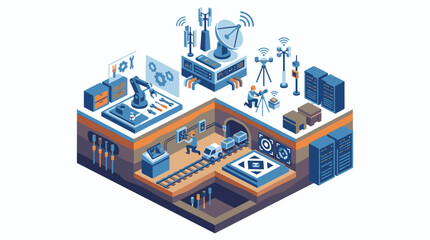Fototapeta premium Dynamic Isometric of Smart Factory with IoT Robotics and Automation Technology with high quality professional line art symbols for modern creative design and digital branding projects