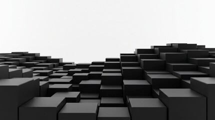 Fototapeta premium 3D render of abstract black rectangular blocks arranged in a flowing wave formation, isolated on white background, for business presentation, architectural design