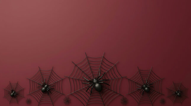 Halloween spider web border with spiders on dark red background