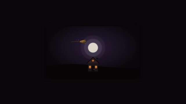 Premium seamless loop animation featuring a small haunted house with warm glowing windows under a moonlight sky. A classic witch broom magically levitates and flies in a continuous smooth pattern abov