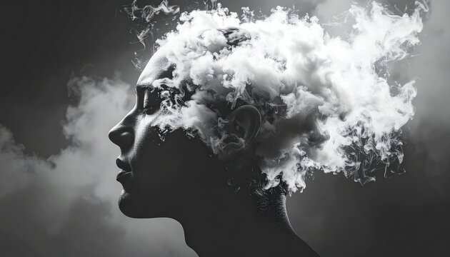 Monochrome portrait of a woman with smoke forming her head.