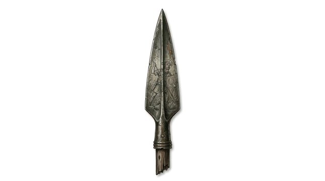 Ancient metal spearhead artifact on white background historical weapon