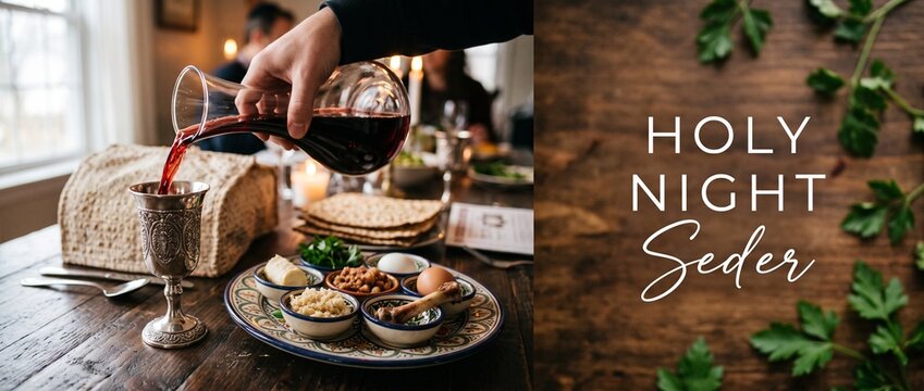 Passover Seder table wine pouring into silver Kiddush cup with matzo bread, traditional seder plate, family holiday feast celebration, Pesach dinner ritual gathering on dark wooden table background.