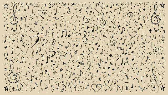 Hand drawn musical notes seamless pattern background on vintage paper
