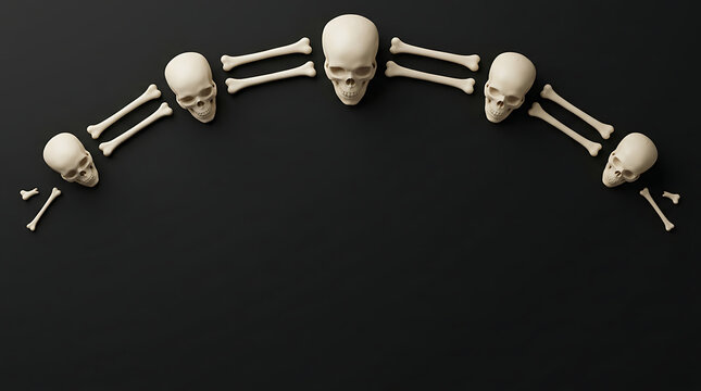Halloween skull and bone arch border on black background