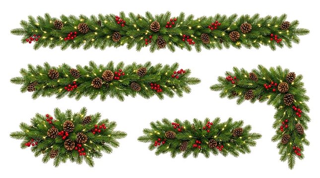 Various evergreen christmas garland arrangements with red berries and pine cones