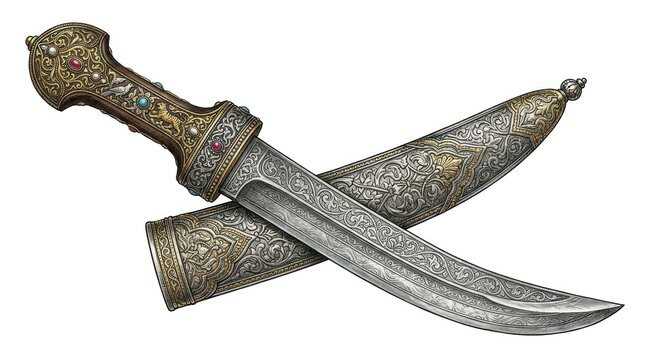 Ornate antique dagger with detailed metalwork and gemstone accents isolated