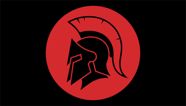 Bold spartan warrior helmet logo centered inside a solid red circle isolated on a deep black background for sports team identity.