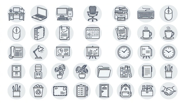 Office Icon Set: A collection of monochrome icons representing various office supplies and equipment, neatly arranged for easy visual reference.