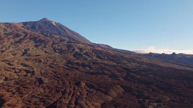 Aerial view of volcanic Teide mountain landscape at sunny day in Tenerife.
