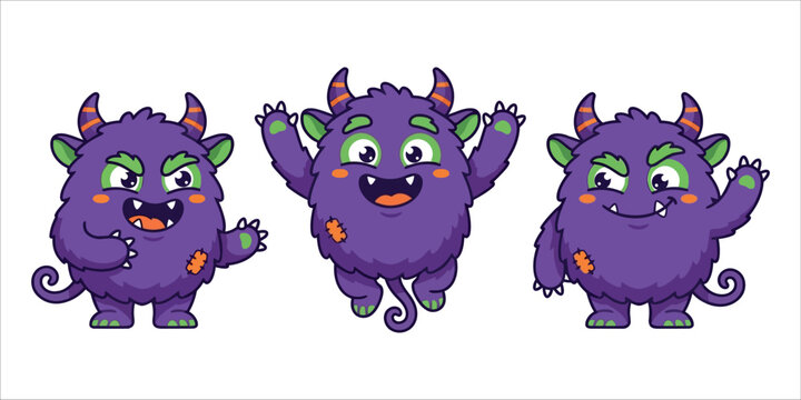 Cute purple monster cartoon characters set, friendly alien mascot vector illustrations, funny furry creature stickers for kids