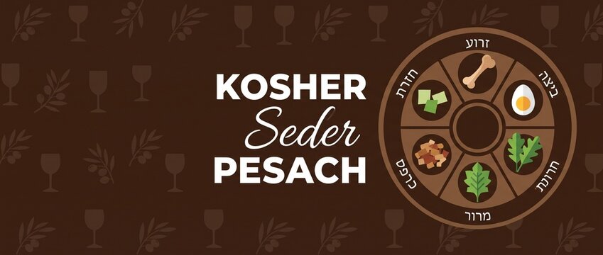 Passover Seder plate kosher Pesach banner with symbolic ritual foods vector illustration for Jewish holiday celebration, featuring Hebrew text, bone, egg, herbs, charoset on dark brown background desi
