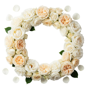 A circular frame of lush ivory and white roses in various stages of bloom on a clean matte-white surface with scattered petals. Concept of luxury romance