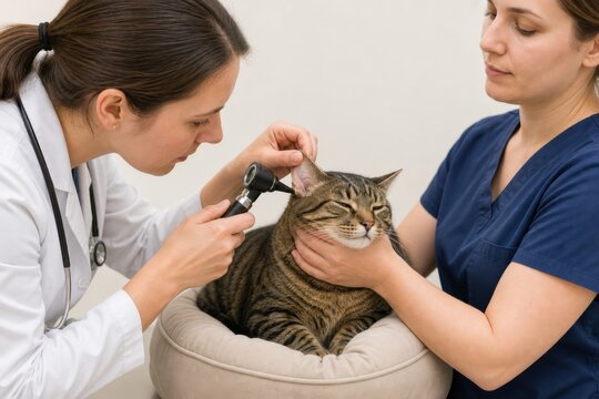 Veterinarian examining tabby cat ear with otoscope in clinic
