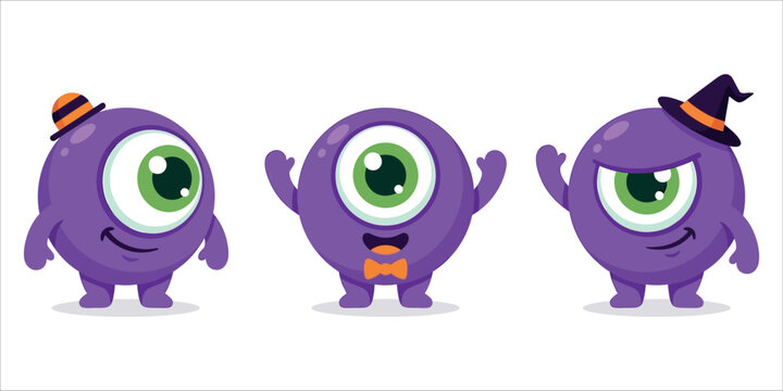 Cute purple eyeball monster cartoon set, spooky Halloween alien character vectors, funny one-eyed mascot illustrations for kids party decor
