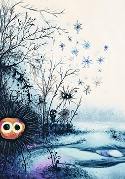 Whimsical Winter Forest with Falling Snow and Magical Creature