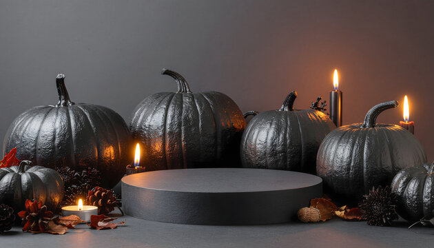 Luxury Halloween product display with black pumpkins and candles