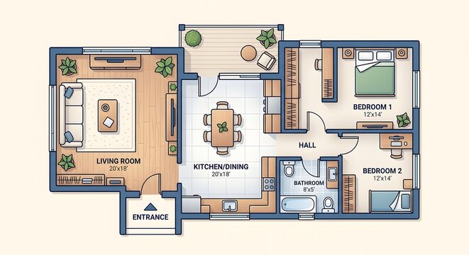 Top Down Floor Plan Of A Residential Apartment Featuring A Living Room Bedroom Kitchen And Bathroom