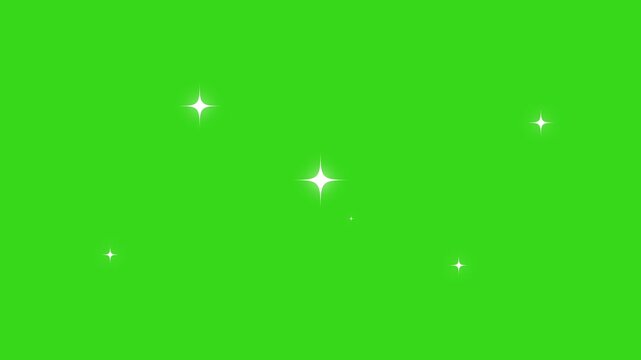 Twinkling stars night sky shine animation, white cartoon sparkles in doodle style on green screen background 4k animation.