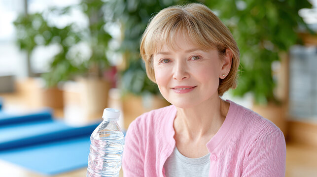 Senior woman holding water bottle smiling after mat session for health and wellness poster promoting hydration and gentle exercise