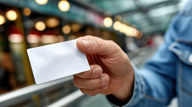 Close up hand holding blank white card for contactless access or id mockup on urban background for product display