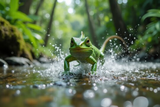 Der Wassermolch beim Laufen und Springen durch einen tropischen Bach mit dynamischen Wasserspritzern