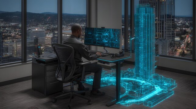 in a virtual meeting from a modern office desk, high tech communication setup, realistic remote collaboration