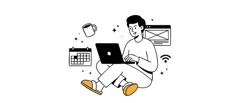Freelancer Man Working On Laptop Sitting Home Remote Work Illustration Line Art Vector Graphic Minimalist Male Character Telecommuting Freelance Business Productivity Concept Background White