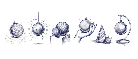 Obraz premium Disco ball sketch party illustration set with vintage hand drawn mirror balls hanging and resting on pedestal for celebration dance event background vector graphic. Elegant retro line art collection.