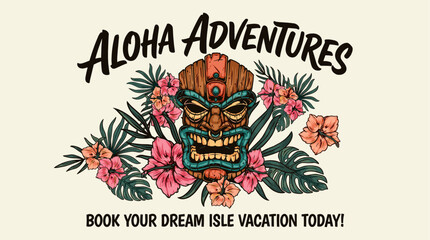 Aloha adventures tropical tiki mask. Colorful hibiscus flowers and exotic palm leaves design. Vintage travel poster style illustration. Summer vacation apparel art. © m gusafif