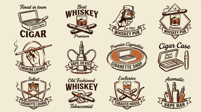 Vintage tobacco and whiskey badge set. Retro cigar and vape shop logo design. Hand drawn smoking lounge emblem collection. Classic gentleman pub and cigarette house vector.