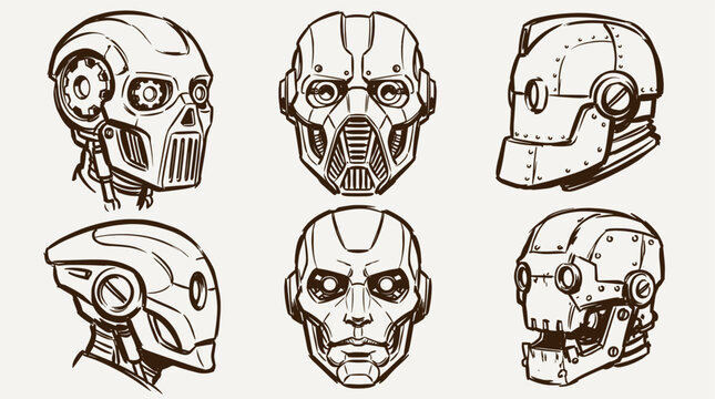 Futuristic robot head sketches collection. Mechanical cyborg mask hand drawn illustration. Sci-fi character design concept art. Industrial steampunk machine head set.