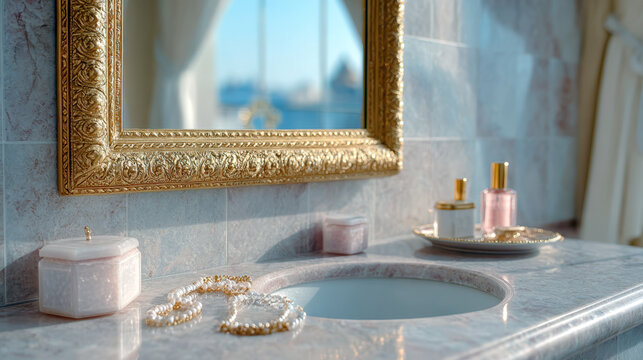 Ornate gold framed mirror above marble vanity with perfume bottles pearls and jewelry for classic bathroom background and luxury decor