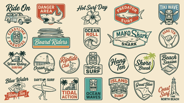 Vintage surfing badges and ocean labels collection. Retro summer beach t-shirt design vector elements. Tropical tiki mask and great shark graphics set. Hand drawn surfboard and palm tree emblems.