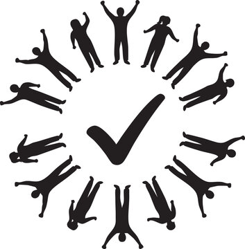 Group of people standing in a circle around a check mark with verified