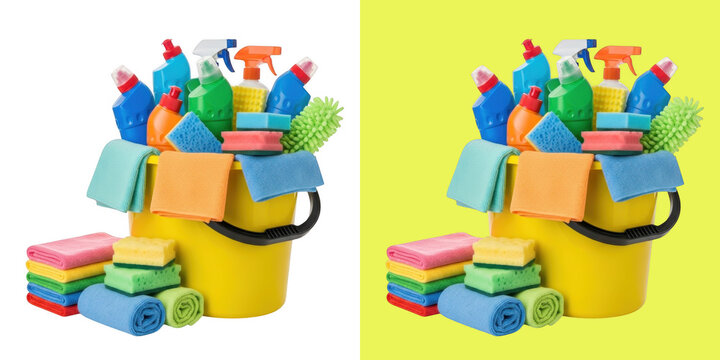 Yellow bucket filled with colorful household cleaning supplies