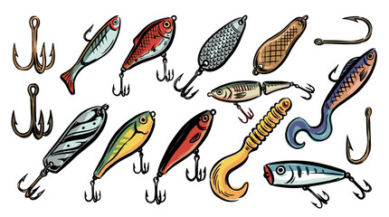 Fototapeta premium Hand drawn fishing lures set. Vintage fishing tackle illustration for hobbyists. Various fishing bait and hooks collection. Sport fishing gear vector design on white background.