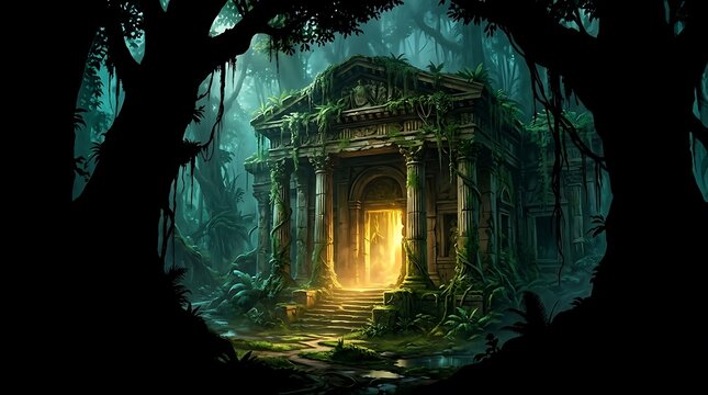 Ancient greek style stone temple ruins hidden in a lush mysterious jungle forest