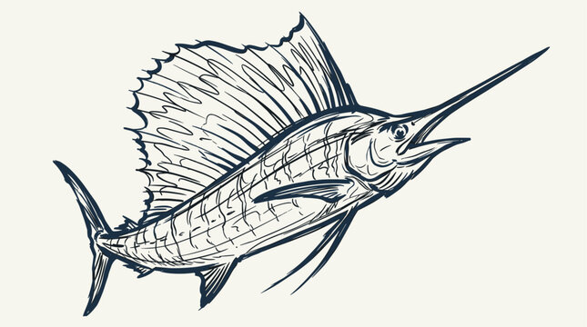 Hand drawn sailfish jumping illustration. Vintage marlin sketch for t shirt print design. Nautical ocean fish engraving style. Saltwater sport fishing emblem for adventure.