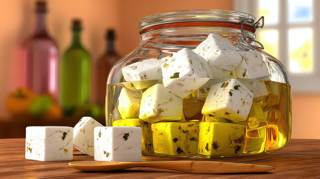 Glass jar with feta cubes in golden oil on kitchen table for culinary inspiration and mediterranean cuisine