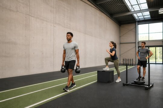 Diverse people training in a modern functional fitness gym